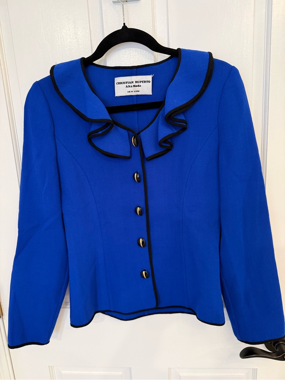 Vintage Christian Ruperto Royal Blue Ruffle-Trim Jacket/Blazer
